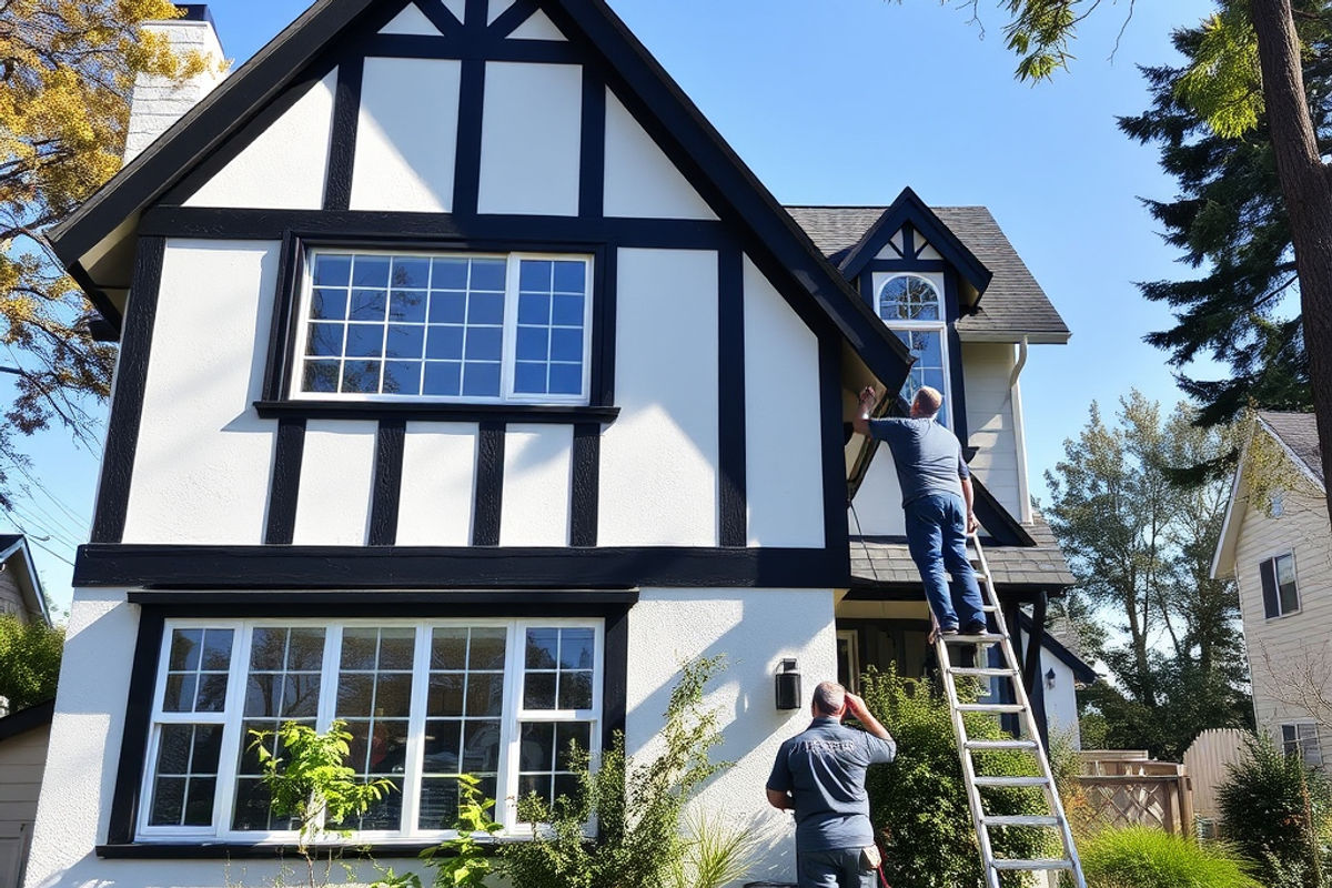 Paint Plus Indy crew painting the exterior trim of a Tudor-style home