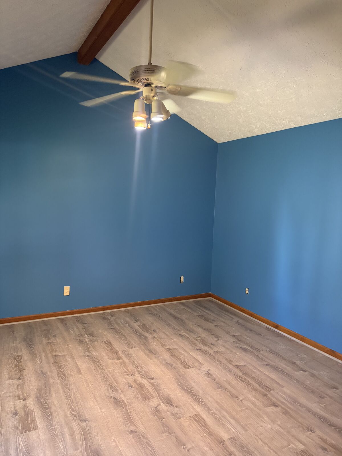Bedroom with a vaulted ceiling painted in a bold blue
