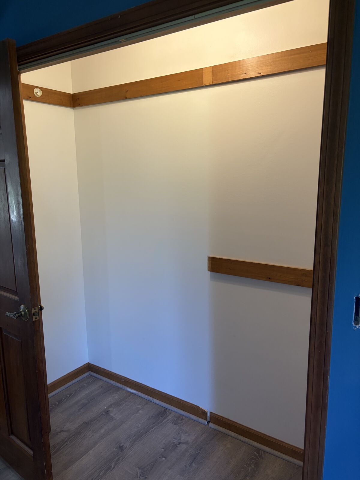 Walk-in closet with freshly painted white walls and wood trim